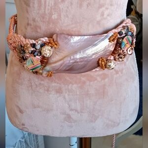 Shar Mark~Vintage Pink Beaded Rope Belt w/ Large Iridescent Shell Statement~OSFM